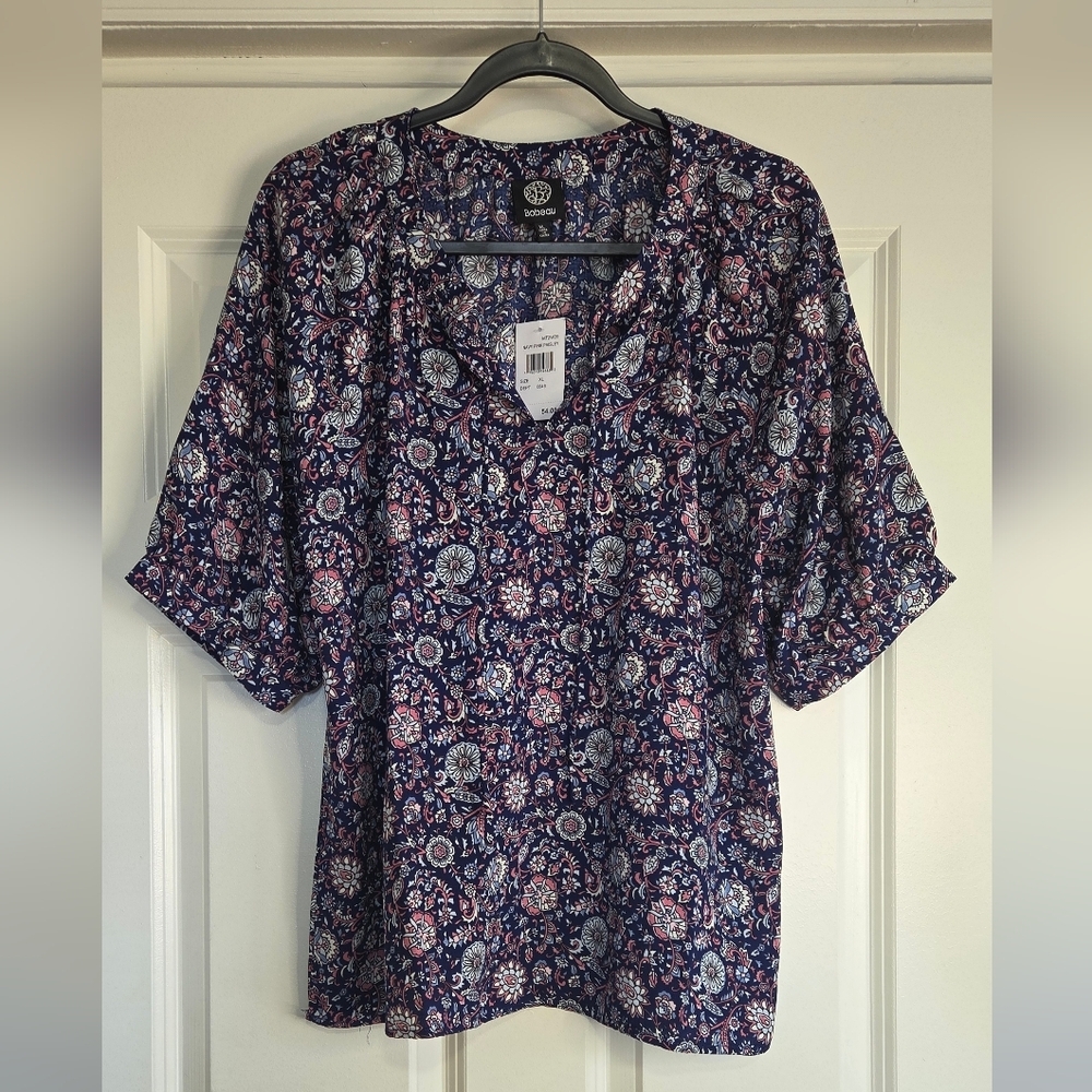 Bobeau Navy Floral Print Short Sleeve Boho Blouse - Size XL